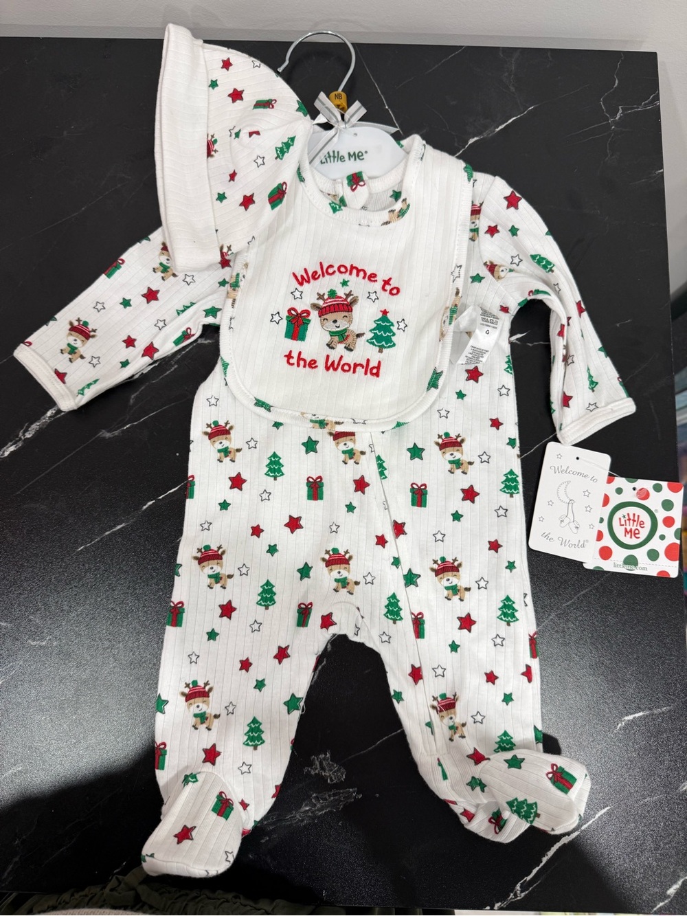 Little Me Newborn Christmas 3 piece Footed Zip Set Bib Hat Reindeer baby NWT